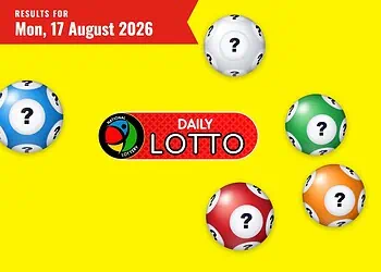 Promo image for Daily Lotto with a yellow background, red banner text 'Results for Mon, 17 August 2026' and scattered lottery balls with question marks surrounding the Daily Lotto logo.