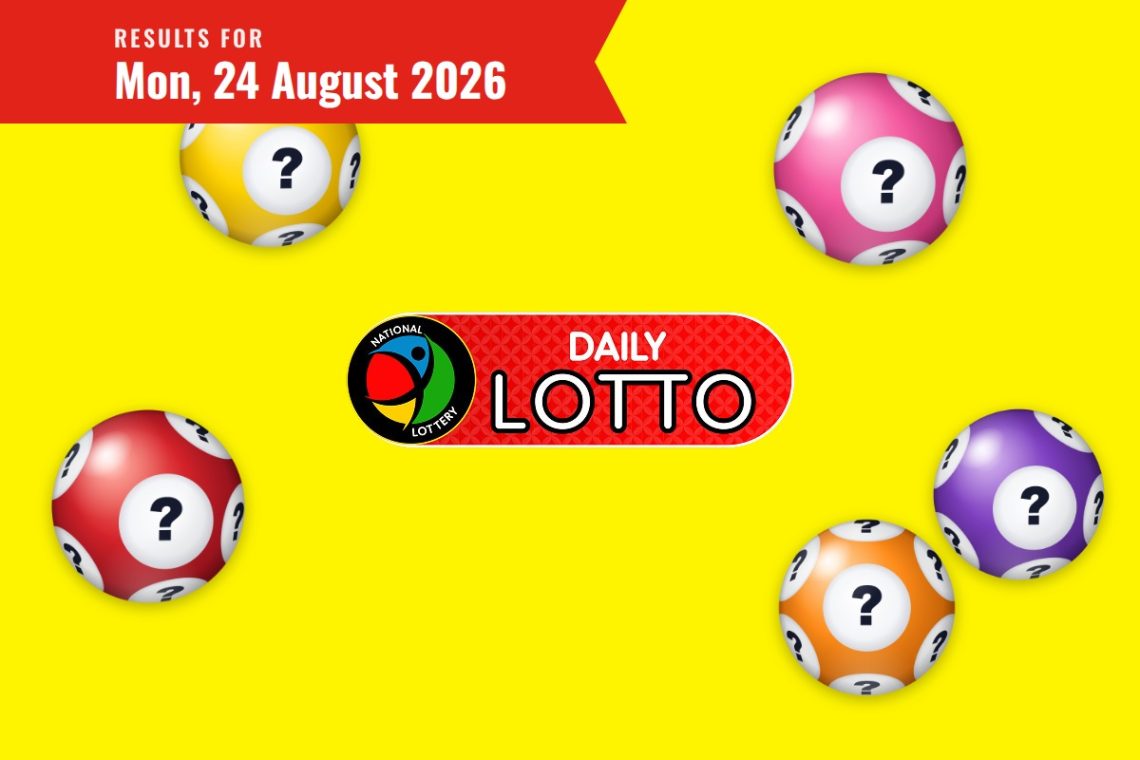 Daily Lotto Results - Monday, 24 August 2026 - Saffarazzi Yellow background with a red banner reading 'RESULTS FOR Mon, 24 August 2026' and six colorful lotto balls around the Daily Lotto logo in the center.
