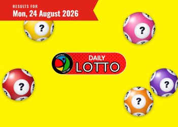 Yellow background with a red banner reading 'RESULTS FOR Mon, 24 August 2026' and six colorful lotto balls around the Daily Lotto logo in the center.