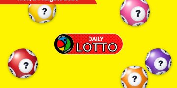 Yellow background with a red banner reading 'RESULTS FOR Mon, 24 August 2026' and six colorful lotto balls around the Daily Lotto logo in the center.