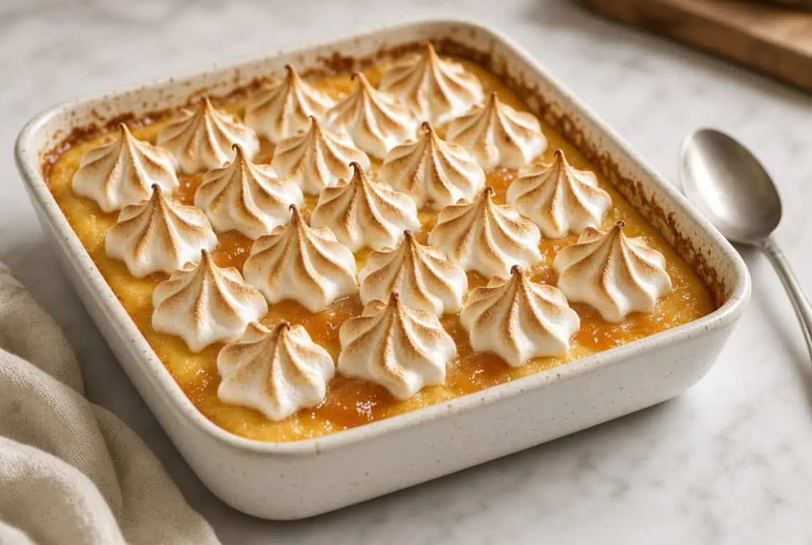 Grandma's Baked Vanilla Custard Pudding with Apricot Meringue Topping