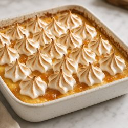 Grandmas Baked Vanilla Custard Pudding with Apricot Meringue Topping - Saffarazzi Grandma's Baked Vanilla Custard Pudding with Apricot Meringue Topping