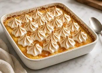 Grandmas Baked Vanilla Custard Pudding with Apricot Meringue Topping - Saffarazzi Grandma's Baked Vanilla Custard Pudding with Apricot Meringue Topping