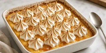 Grandma's Baked Vanilla Custard Pudding with Apricot Meringue Topping