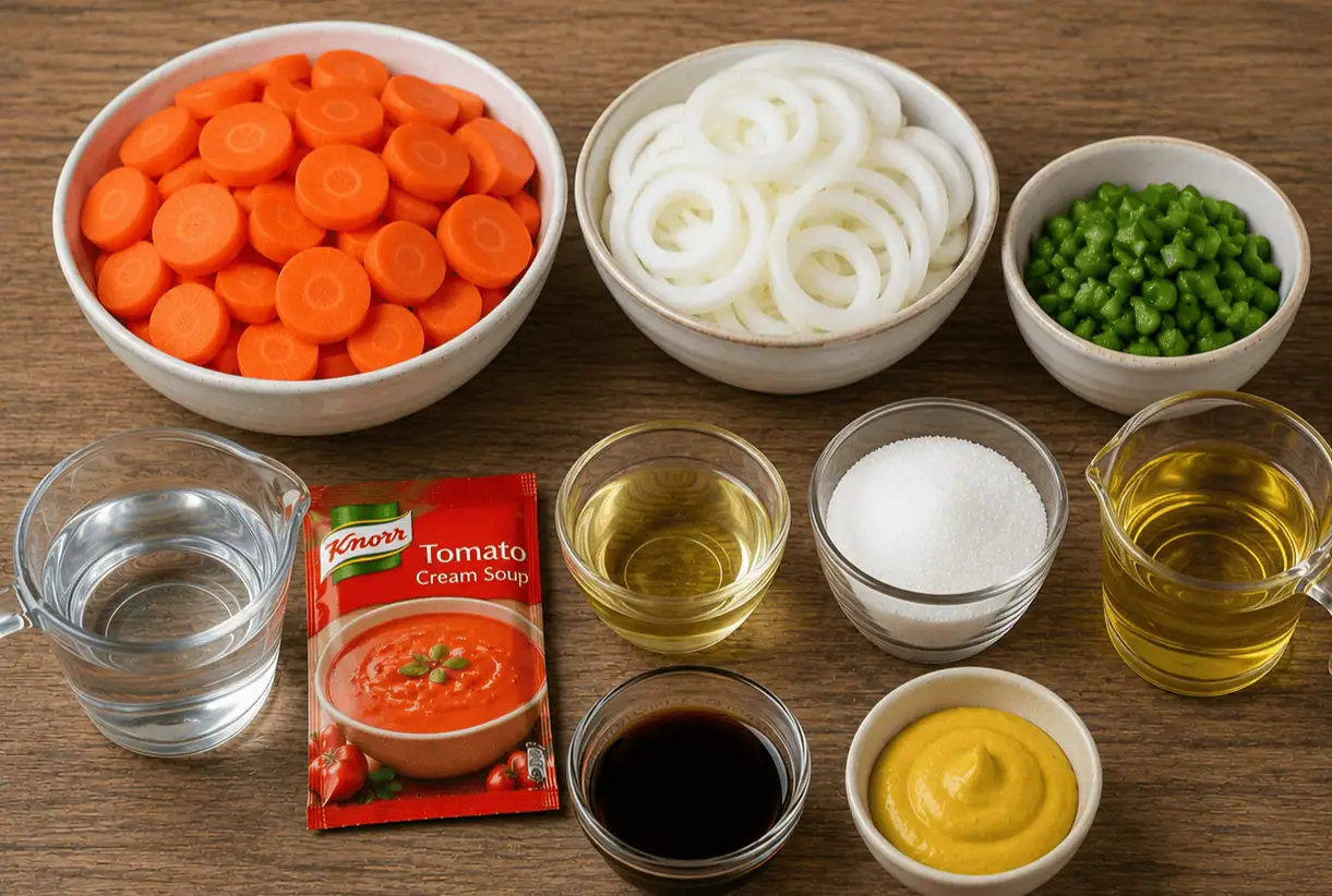 Ingredients Copper Penny Carrot Salad - - Saffarazzi Sliced carrots, onion rings, and diced green peppers with a tomato soup mix and small bowls of oil, water, sugar, vinegar, and mustard on a wooden table.