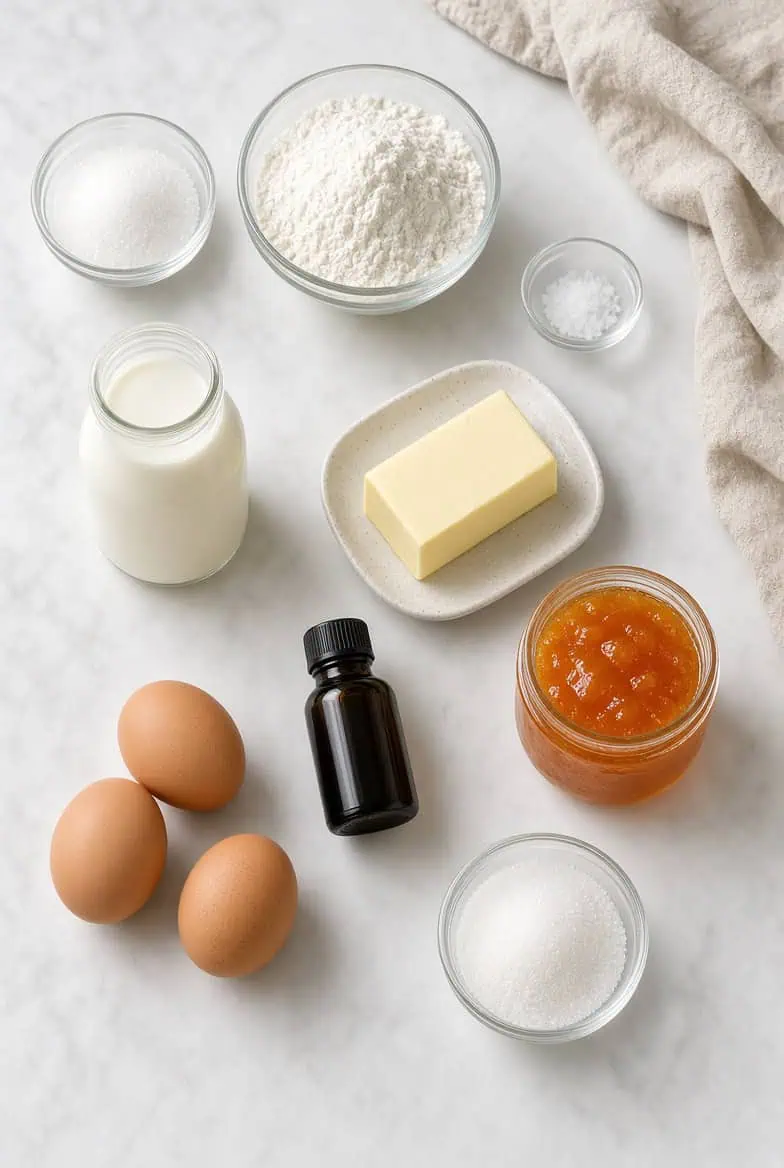 Ingredients - Grandmas Baked Vanilla Custard Pudding with Apricot Meringue Topping - Saffarazzi Ingredients- Grandma's Baked Vanilla Custard Pudding with Apricot Meringue Topping