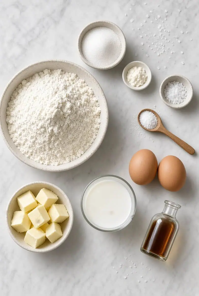 Ingredients Old Fasioned Cookies illustration created via AI for Saffarazzi - Saffarazzi Assortment of baking ingredients on a marble surface: flour, butter, eggs, milk, sugar, vanilla, and salt in small bowls and a bottle of extract or oil.