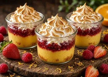 Classic Queen of Puddings Recipe — Custard, Berry Jam & Golden Meringue - Saffarazzi Classic Queen of Puddings Recipe — Custard, Berry Jam & Golden Meringue
