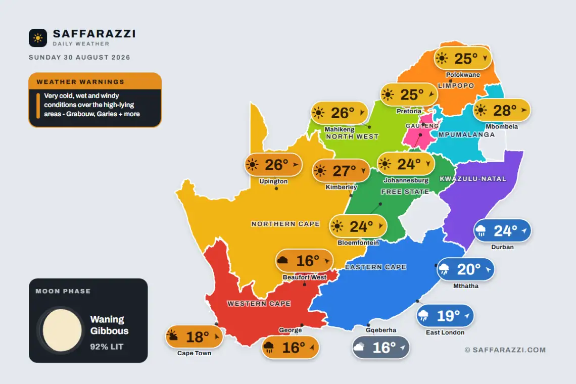 Today’s Weather: Mostly clear skies with isolated coastal rain - Saffarazzi South Africa weather map Sunday 30 August 2026: temperatures for Cape Town, Johannesburg, Durban and twelve more towns