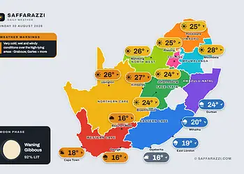 South Africa weather map Sunday 30 August 2026: temperatures for Cape Town, Johannesburg, Durban and twelve more towns