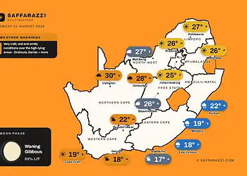 South Africa weather map Monday 31 August 2026: temperatures for Cape Town, Johannesburg, Durban and twelve more towns
