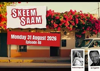 Skeem Saam Monday 31 August 2026 Episode 46 - Saffarazzi Promotional banner for Skeem Saam on a sunny street with a red text banner showing Monday 31 August 2026, Episode 46, and two actor portraits in the corner.