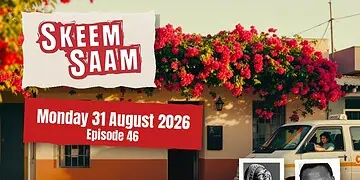 Promotional banner for Skeem Saam on a sunny street with a red text banner showing Monday 31 August 2026, Episode 46, and two actor portraits in the corner.
