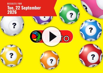 Bright yellow background with multiple colorful lottery balls marked with question marks and a red banner announcing 'Results for Tue, 22 September 2026' plus a central 'Daily Lotto' logo and play button.