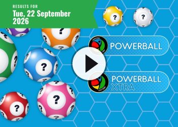 Promotional Powerball graphic with colorful lottery balls, date banner (Tue, 22 September 2026), and Powerball and Powerball Xtra logos, plus a central play button.