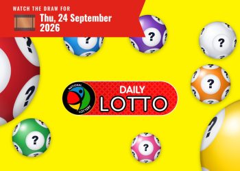 Bright yellow page with floating lottery balls and a red banner that says 'Watch the draw for Thu, 24 September 2026' above the central Daily Lotto logo.