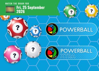 Banner announcing Powerball draw for Friday, 25 September 2026, with colorful lottery balls and Powerball logos on a blue background.