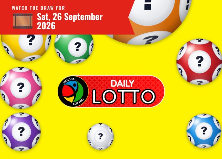 Bright yellow background with floating lottery balls and a red banner that reads 'Watch the draw for Sat, 26 September 2026' at the top, plus a central 'Daily Lotto' logo.