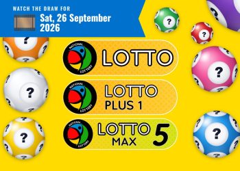 Advertisement banner for National Lottery: shows three Lotto options – Lotto, Lotto Plus 1, Lotto Max 5 – on a yellow background with lottery balls around; date shown at top: Sat, 26 September 2026.