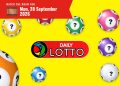 Bright yellow lottery promo featuring red banner with draw date 'Mon, 28 September 2026' and multiple numbered balls with question marks around a 'Daily Lotto' logo in the center edge of the design.