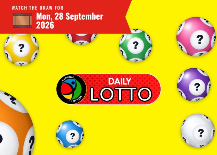 Bright yellow lottery promo featuring red banner with draw date 'Mon, 28 September 2026' and multiple numbered balls with question marks around a 'Daily Lotto' logo in the center edge of the design.