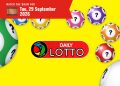 Daily Lotto logo on a red badge centered on a bright yellow background, surrounded by colorful balls with question marks.