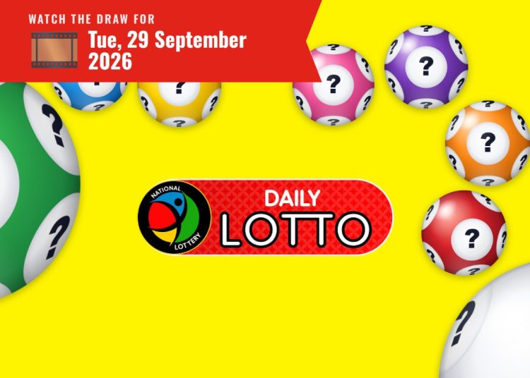 Daily Lotto logo on a red badge centered on a bright yellow background, surrounded by colorful balls with question marks.