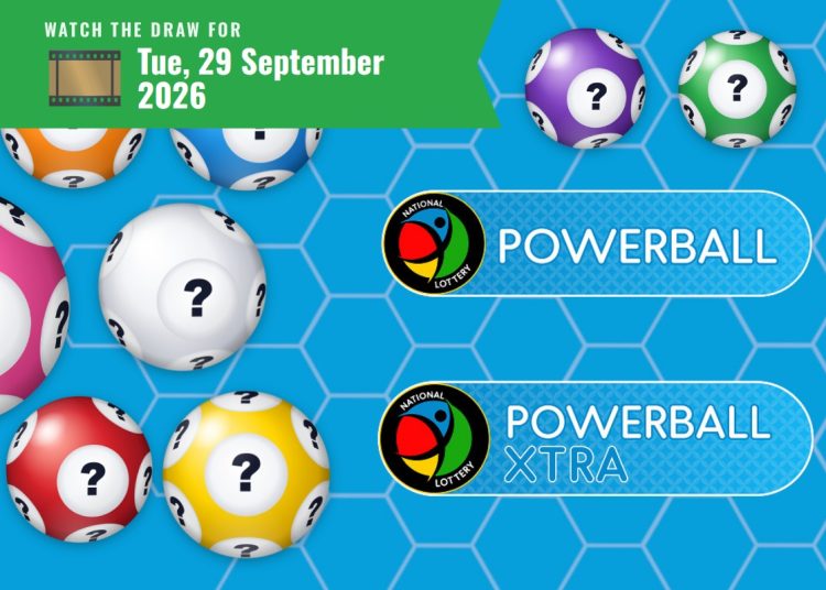 Promotional banner showing colorful lottery balls with question marks on a blue hex grid, plus Powerball and Powerball Xtra logos.