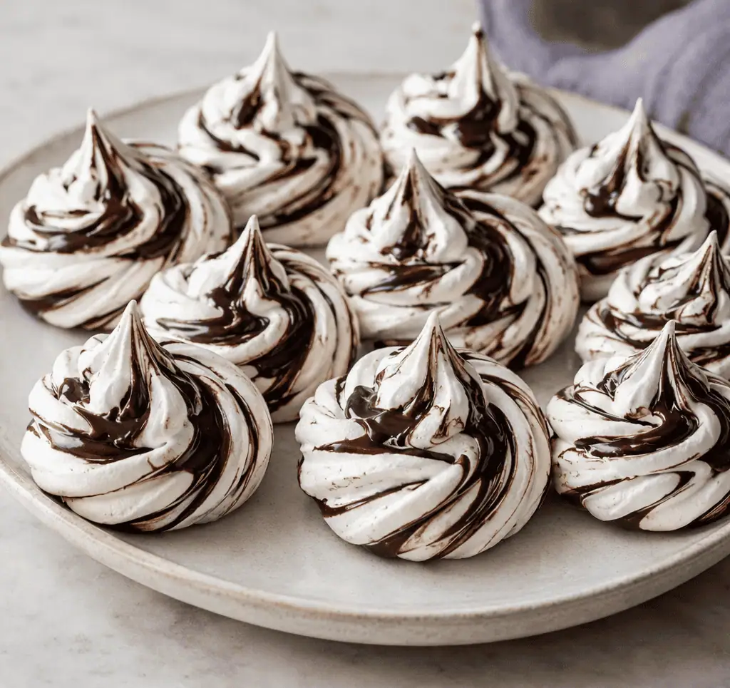Dark Chocolate Swirl Meringues – Crisp, Cloud-Light & Easy to Make - Saffarazzi Dark Chocolate Swirl Meringues – Crisp, Cloud-Light & Easy to Make
