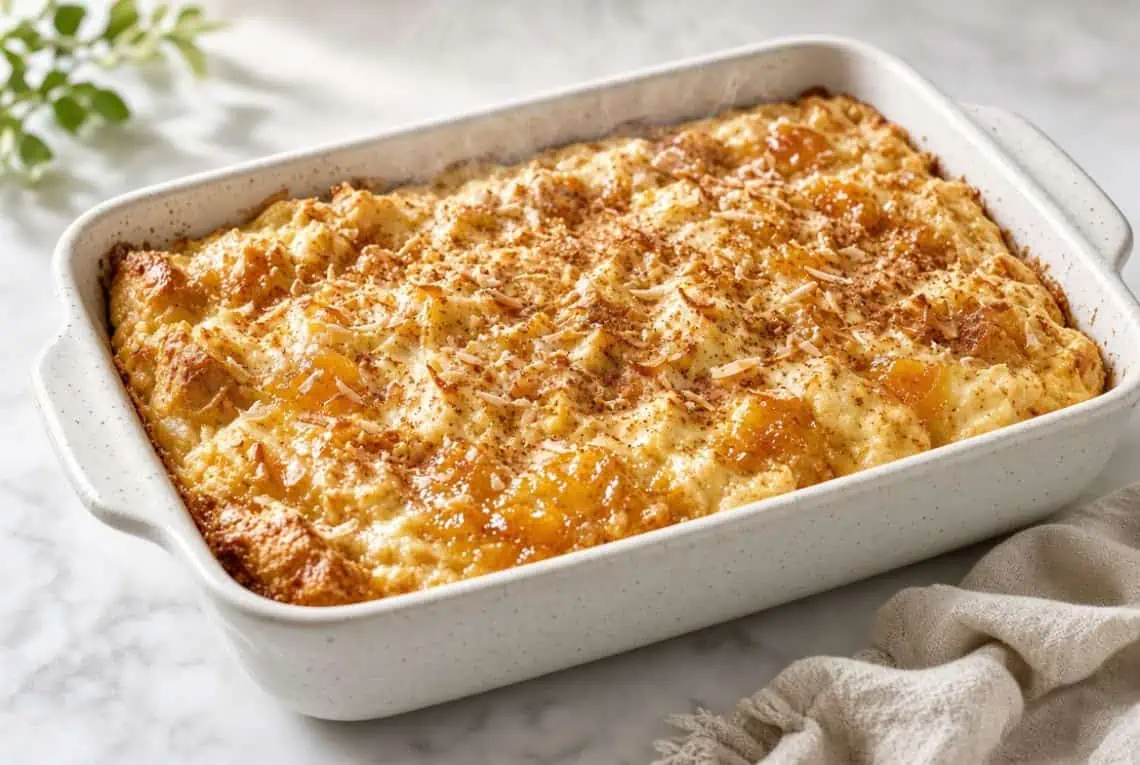 Coconut bread and butter pudding topped with golden meringue and cinnamon
