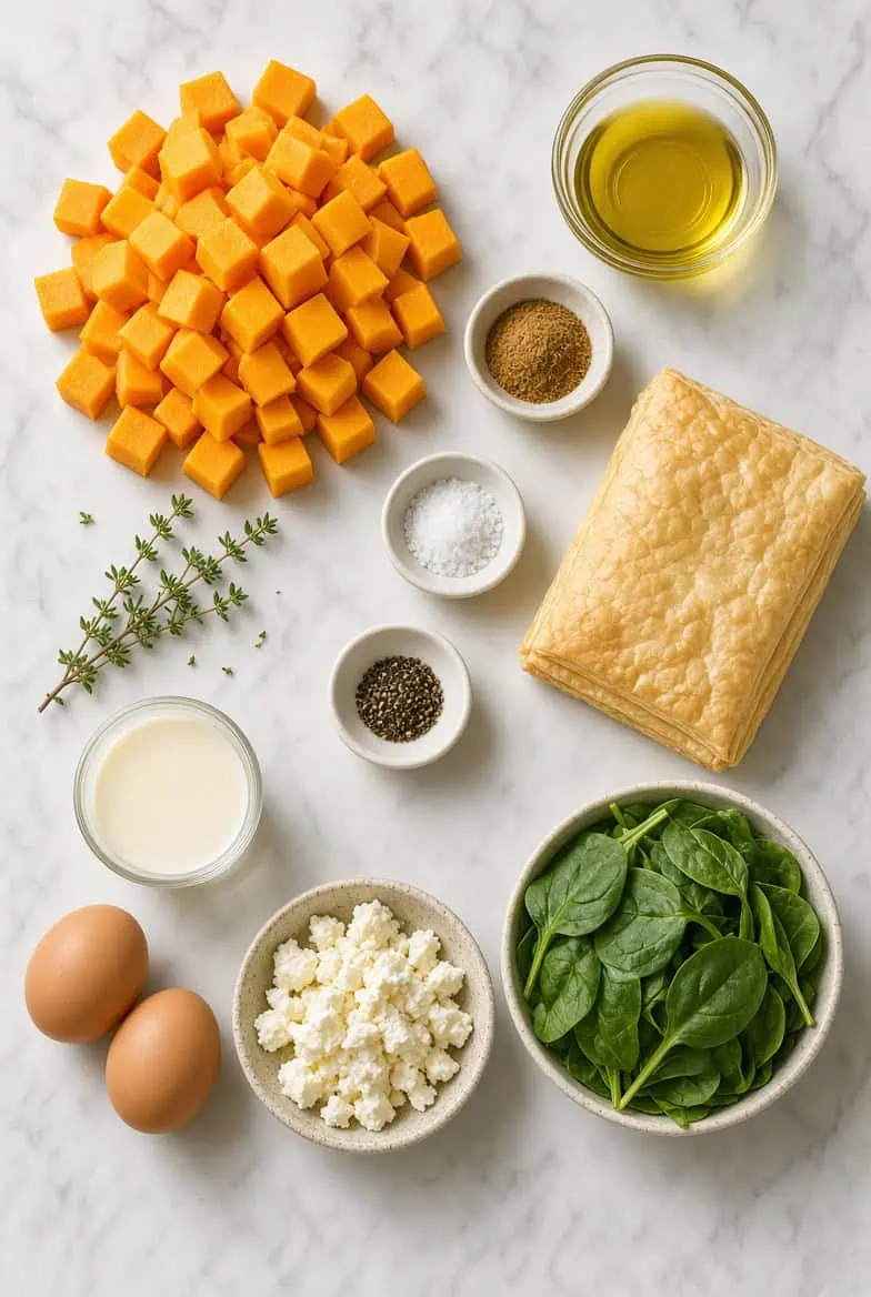 Image supplied by Irene Muller illustrated via AI - Saffarazzi Ingredients for roasted butternut, feta and herb tart arranged for preparation