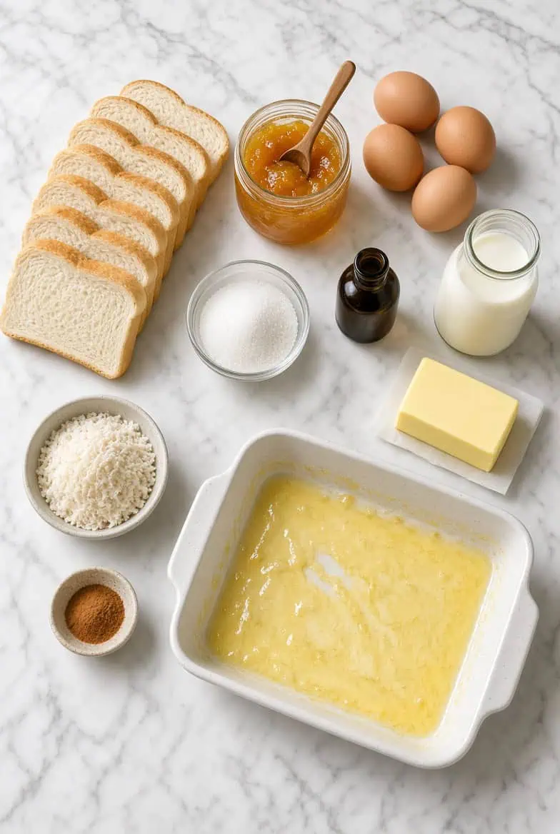 Coconut Bread and Butter Pudding Ingredients - Saffarazzi Ingredients for coconut bread and butter pudding with bread, eggs, milk, coconut and apricot jam