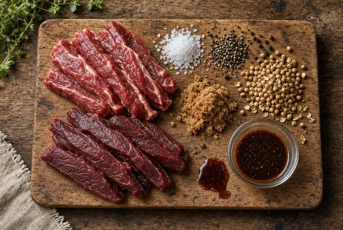 Ingredients for Biltong - Saffarazzi Raw beef slices arranged on a wooden cutting board with salt, pepper, brown sugar, chickpeas, and a small bowl of sauce nearby.