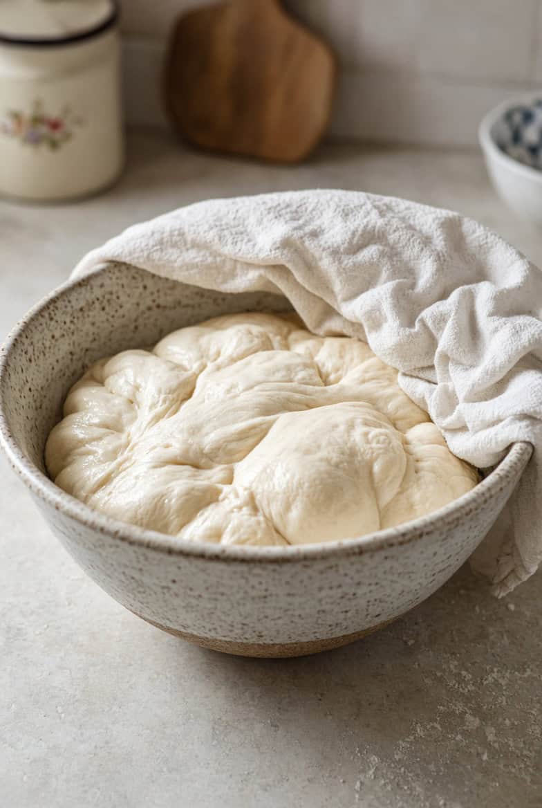Bowl of risen bread dough covered with a white towel on a kitchen counter.