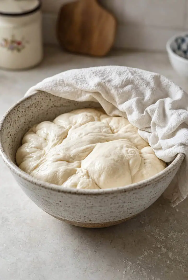 Rising dough - Saffarazzi Bowl of risen bread dough covered with a white towel on a kitchen counter.