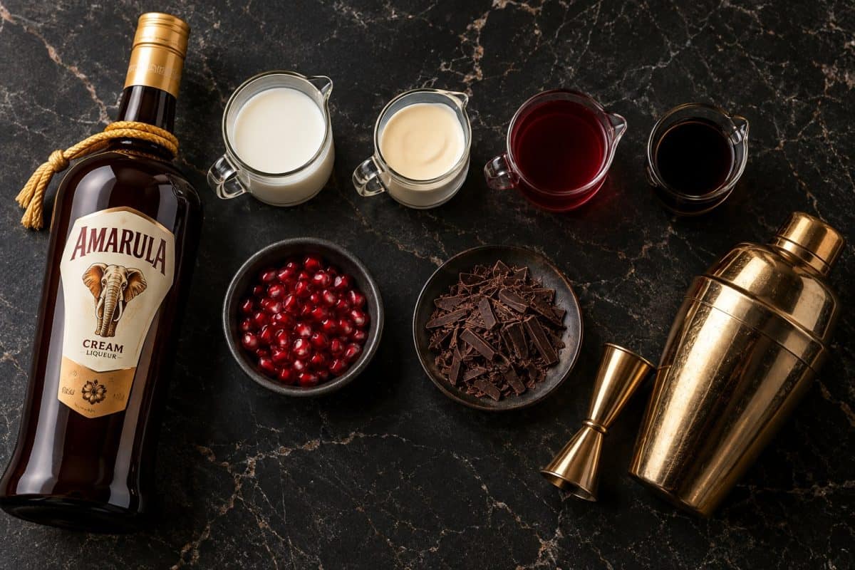Bottle of Amarula Cream Liqueur on a dark marble surface with small glasses of milk, cream, red beverage, pomegranate seeds, chocolate shavings, and a gold cocktail shaker arranged nearby.