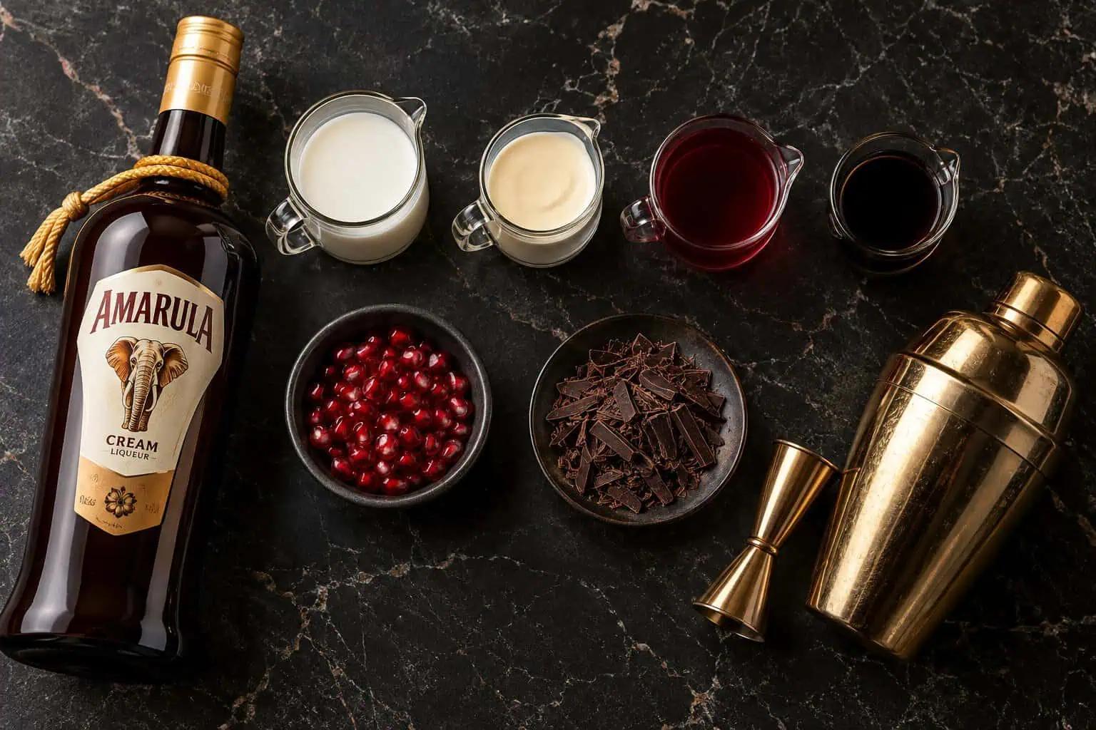 amarula-cocktail-ingredients - Saffarazzi Ingredients for a pomegranate and dark chocolate Amarula cocktail arranged on dark marble