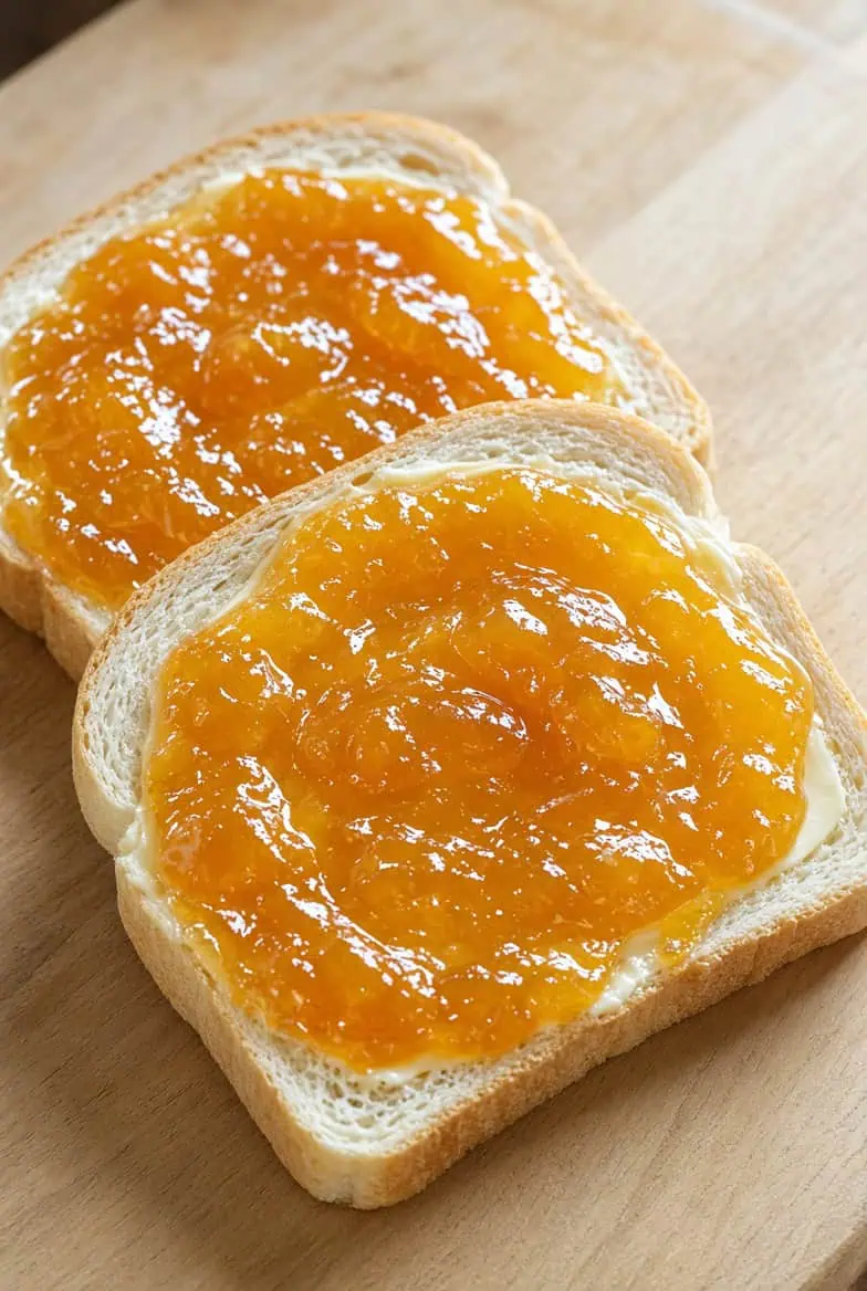 Bread with Apricot Jam for Coconut Bread Pudding - Saffarazzi Slices of white bread spread with butter and apricot jam for coconut bread pudding