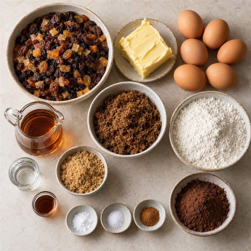 Dried fruit, butter, six eggs, brown sugars, flour, cocoa, brandy, water, vanilla, cinnamon, salt and bicarbonate of soda.
