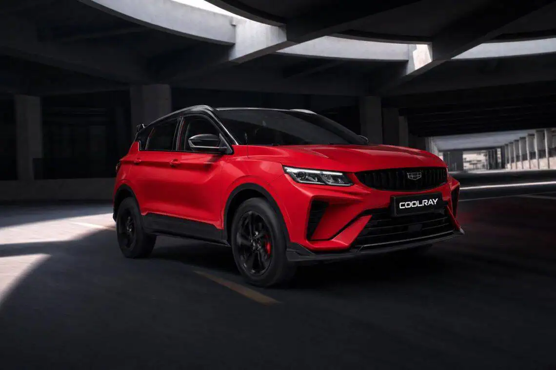 Geely Coolray compact SUV front three-quarter view in car park