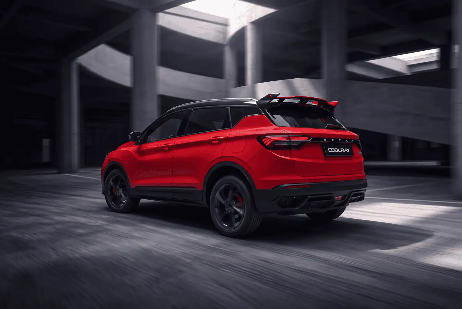 Geely Coolray compact SUV rear three-quarter view with spoiler - Saffarazzi Geely Coolray compact SUV rear three-quarter view with spoiler