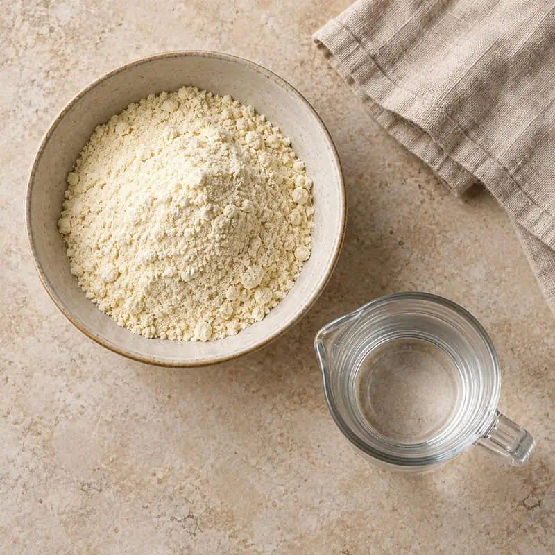 Masa harina and water arranged for homemade corn tortillas