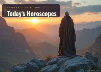 Hero image of a cloaked figure standing on a rocky cliff at sunset, with overlay text 'Today's Horoscopes' for Saffarazzi Astrology (informational banner).