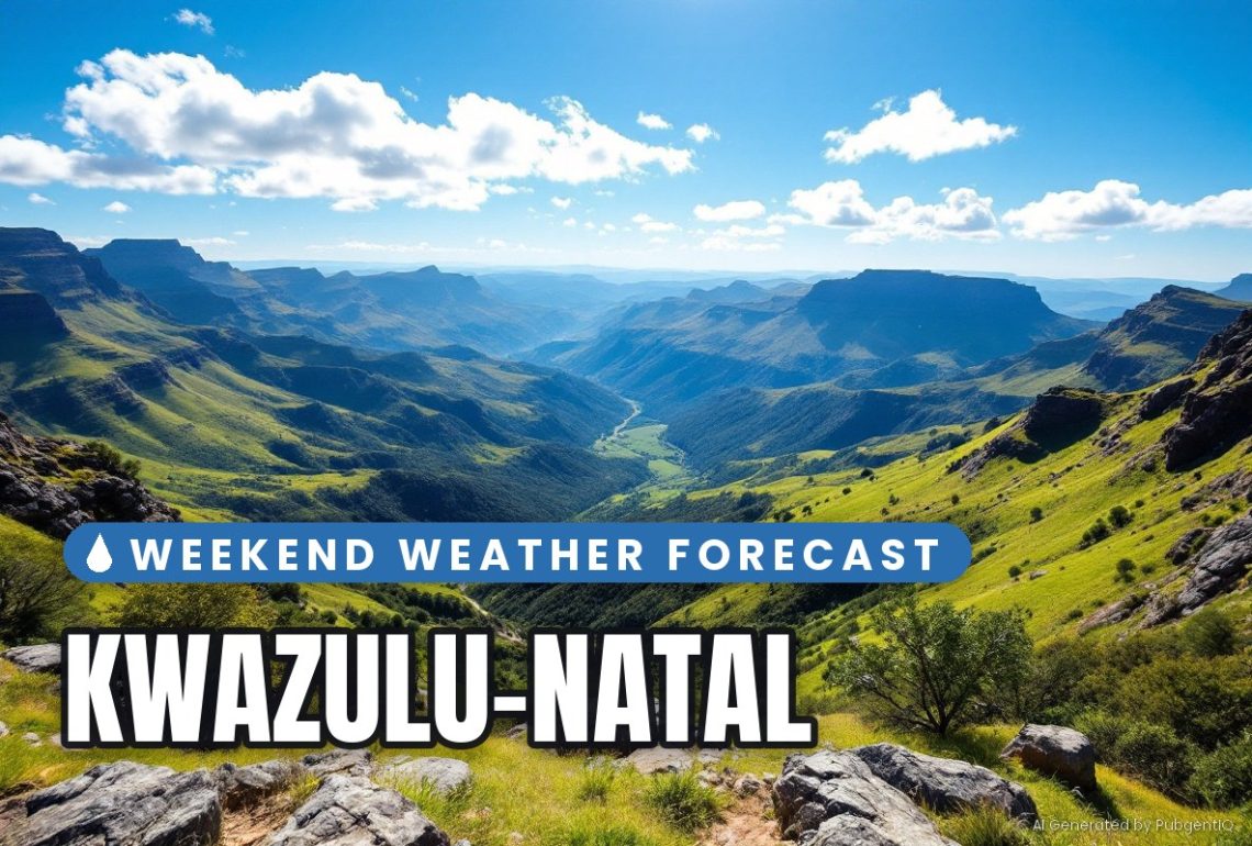 Banner image of a green mountain valley under a blue sky; overlay text reads 'WEEKEND WEATHER FORECAST' and 'KWAZULU-NATAL'.