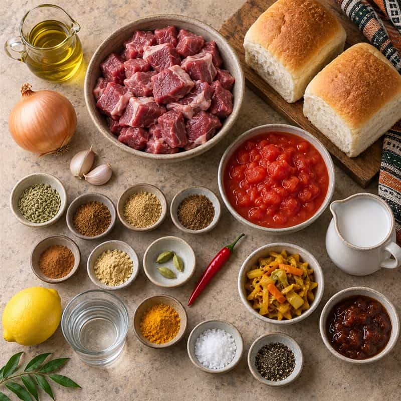 Lamb Curry Bunny Chow Ingredients - Saffarazzi Ingredients for lamb curry bunny chow, including diced lamb, bread, spices, tomatoes, coconut milk, atjar and chutney