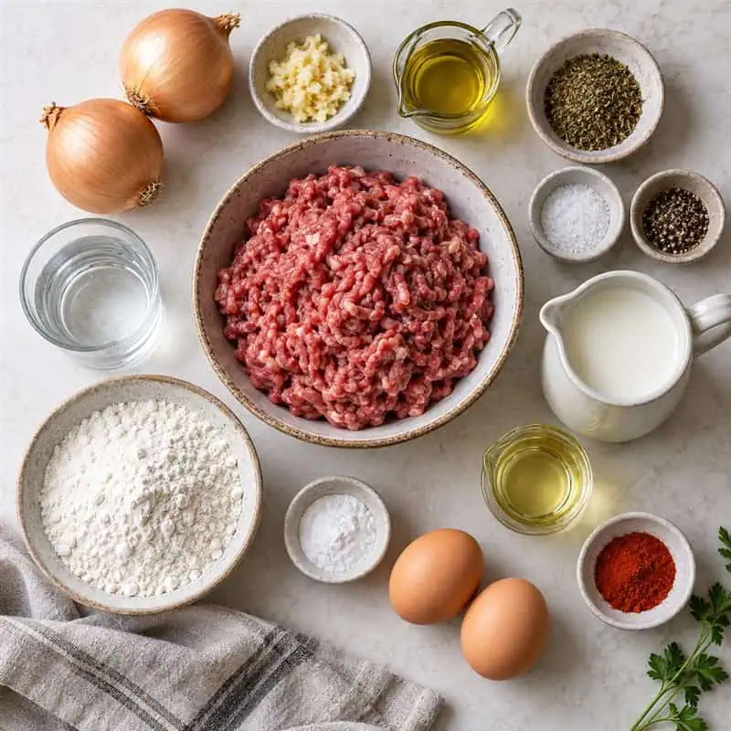 Minced Meat Muffins Ingredients - Saffarazzi Ingredients for minced meat muffins, including minced meat, onions, garlic, flour, two eggs, milk, oils and spices