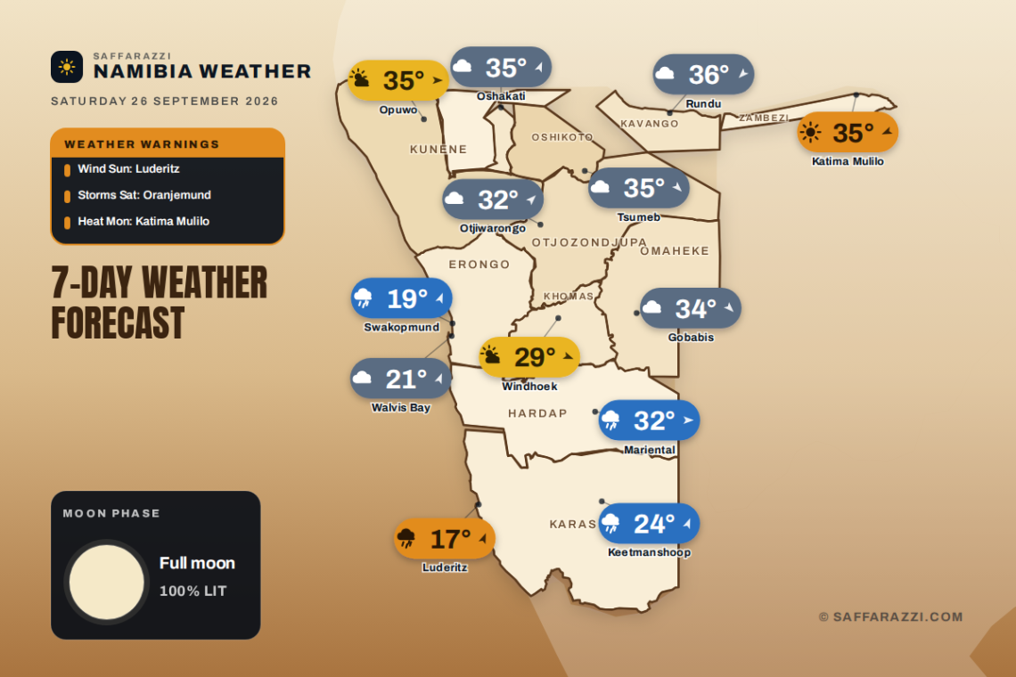 Namibia 7-day weather map, 26 September - 2 October 2026