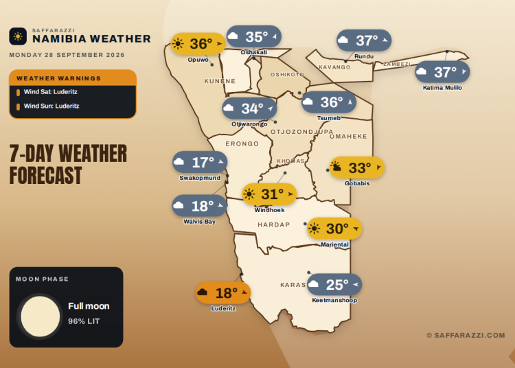 Namibia 7-Day Weather Forecast - Saffarazzi Namibia 7-day weather map, 28 September - 4 October 2026