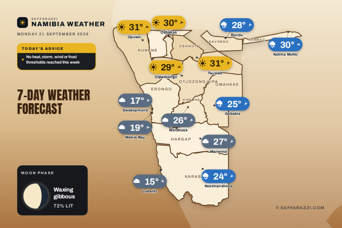 Namibia 7-day weather map, 21 - 27 September 2026