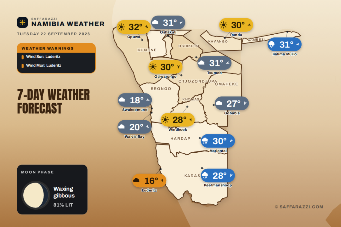 Namibia 7-day weather map, 22 - 28 September 2026